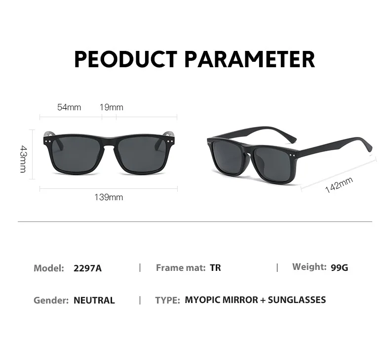 VCKA Polarisierte Magnet Myopie Sonnenbrille Frauen Clip Gläser Quadratische Optik Myopie Spektakel Männer 6 In 1 Brillen Rahmen -1,0 ~ 6,0 – Detail 6