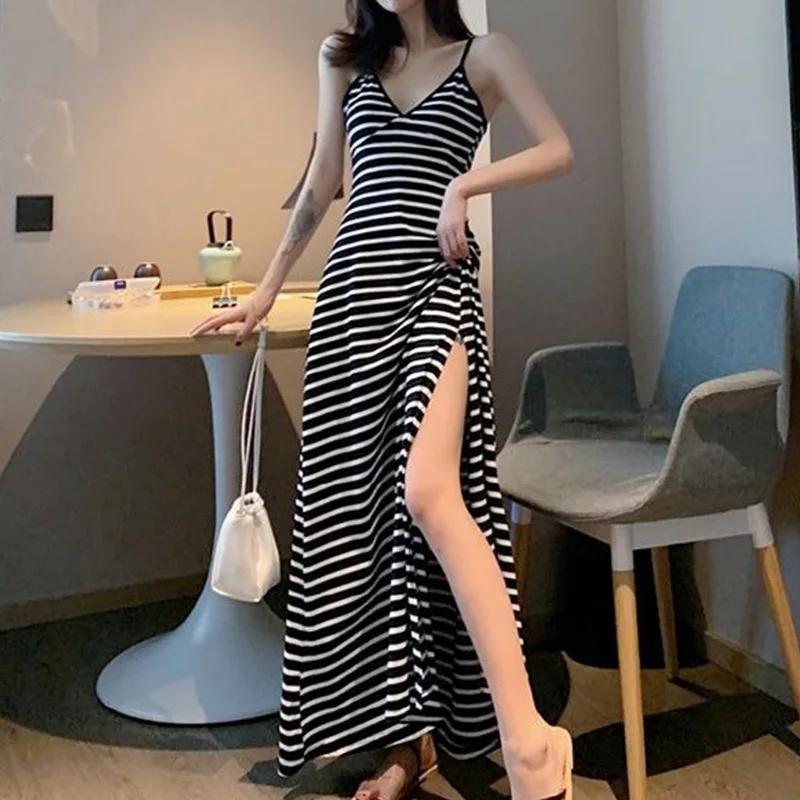 Woman Summer Bodycon Dress Sexy Sleeveless Spaghetti Strap Split Sheath Dress Vestidos Female V Neck Striped Slim Long Dresses