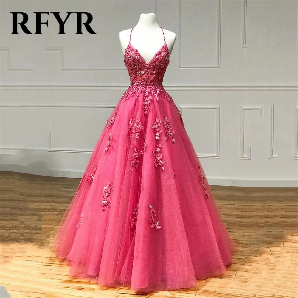 RFYR Appliques Beading V Neck Evening Dresses Hot Pink A Line Prom Dress Spaghetti Strap Party Dress Exquisite Net فساتين السهرة