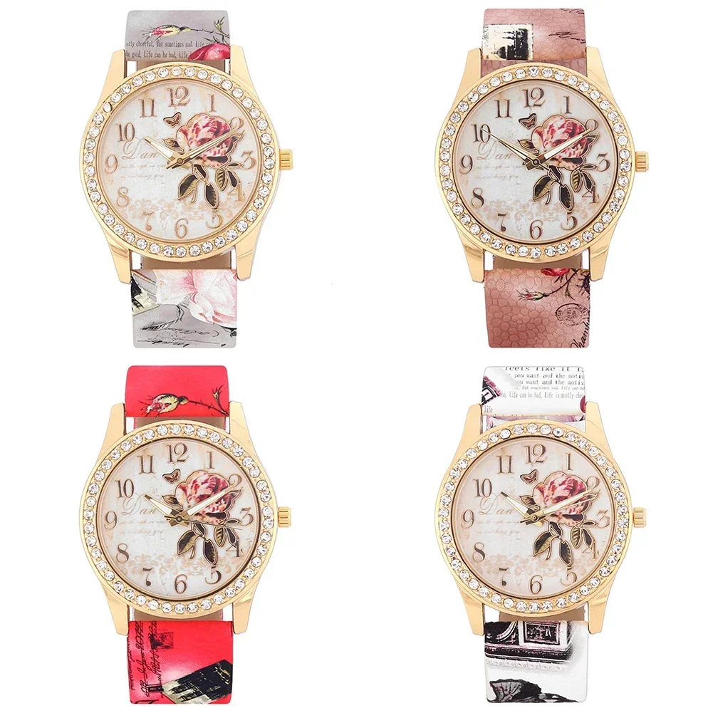 Moda relógios feminino strass incrustado flor mostrador redondo pulseira de couro falso relógio de quartzo moda relógio de pulso de quartzo feminino relojes