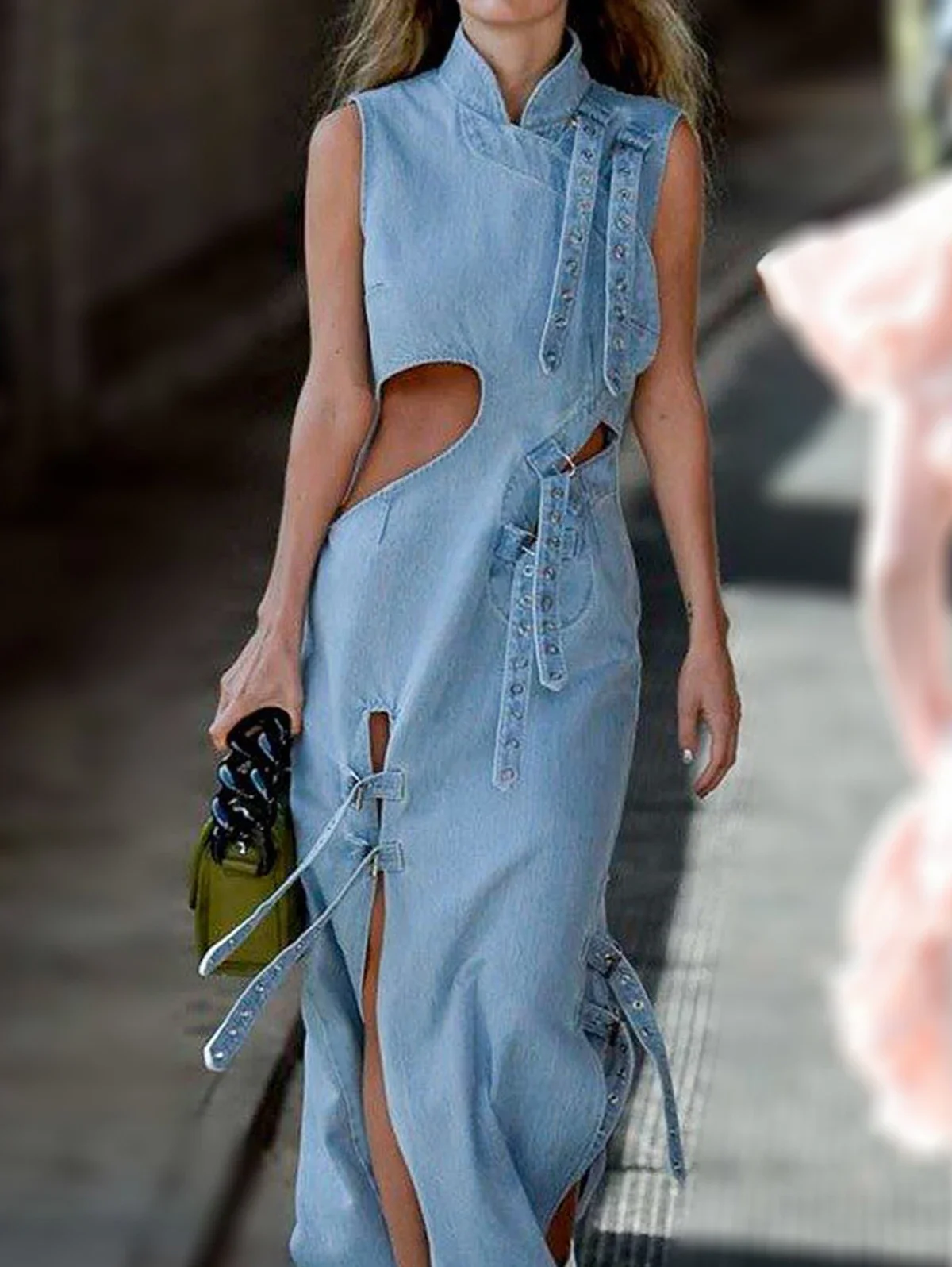 Women Denim Dress Fashion High Waist Hollow Out Long Party Dress Sexy Cutout Sleeveless Thigh Stand Collar Slit Maxi Dresses