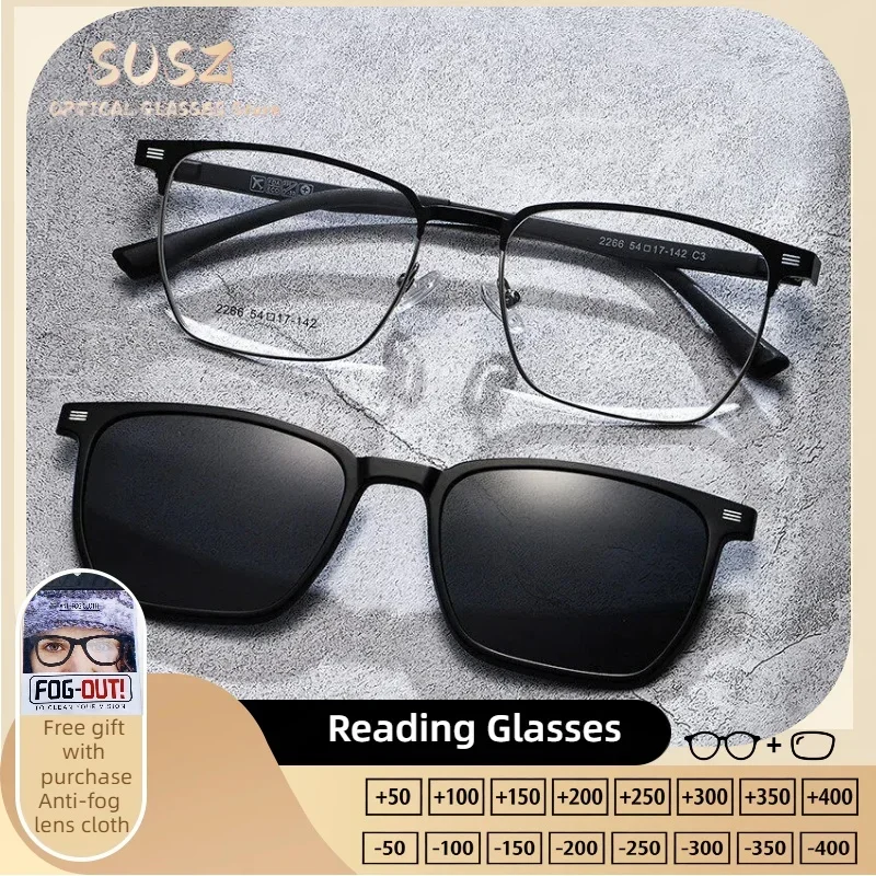 SUSZ Ultralight Square Magnet Clip Polarized Sunglasses Optical Anti Blue Ray Myopia Progressive Prescription Eyeglasses