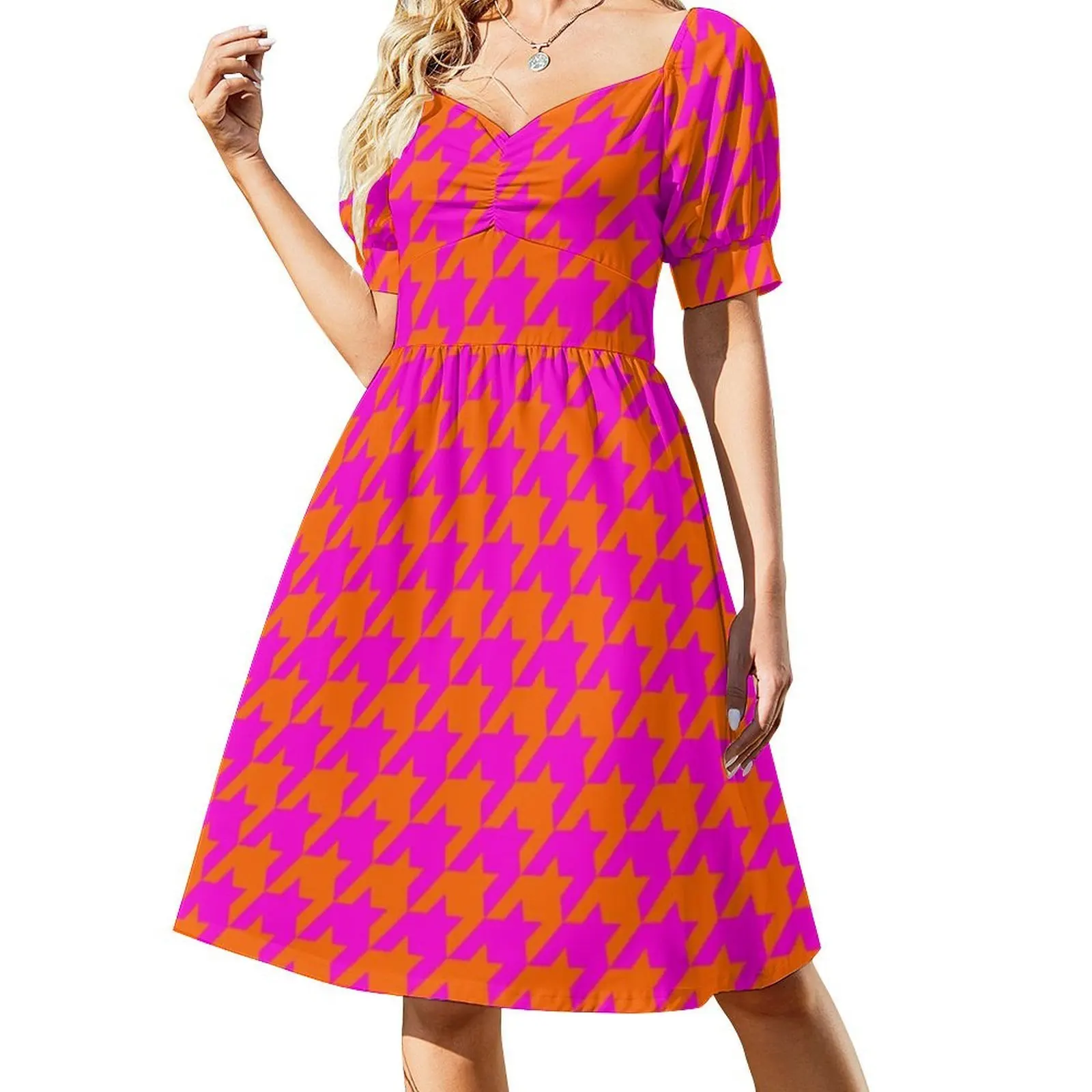 Rosa e laranja houndstooth estilo preppy mini vestido para mulher a linha solto ajuste casual vestido de dia grande houndstooth dogstooth rosa