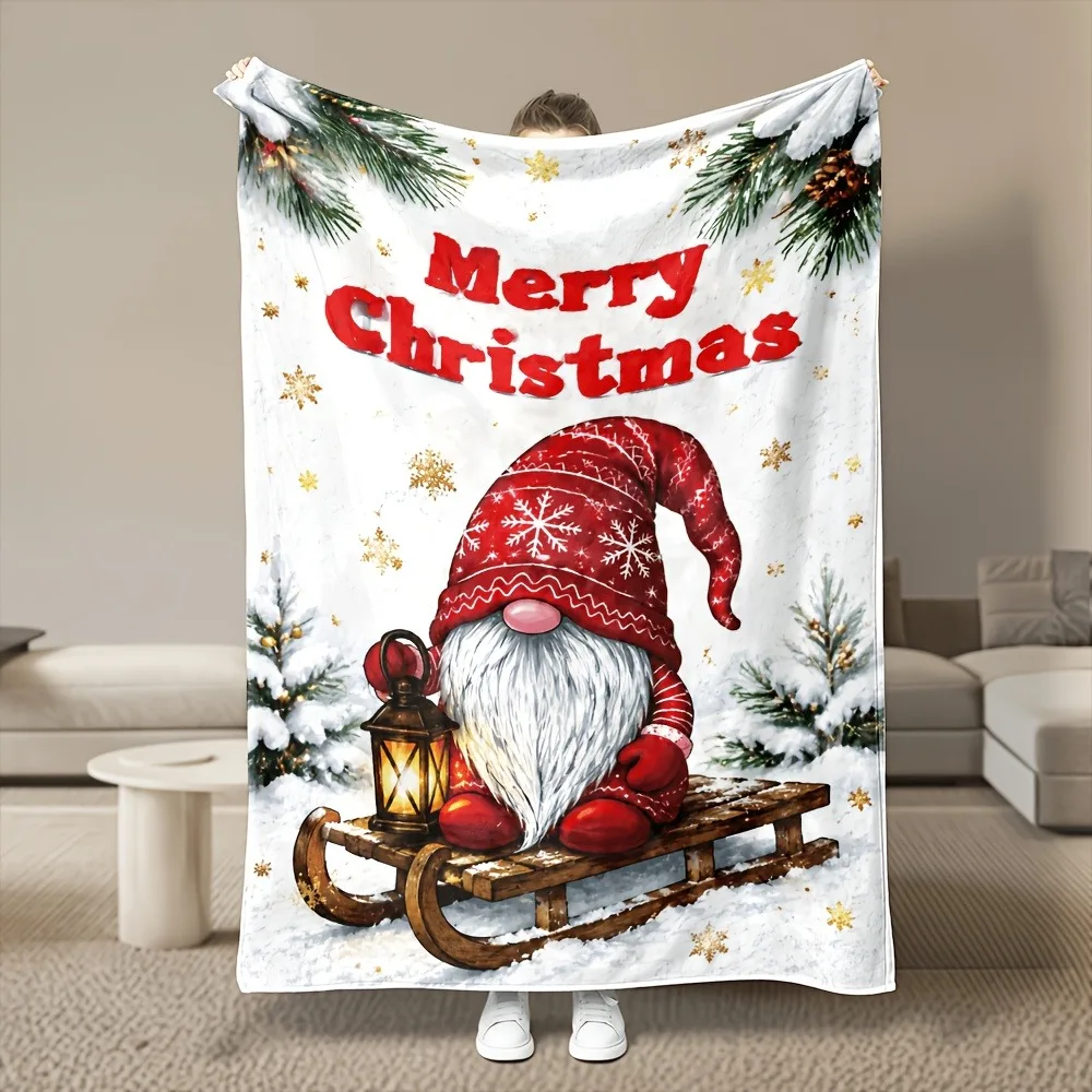 Charming Xmas Dwarf Print Throw Blanket Lantern Sled Snowy Pine Branch Pattern Soft Warm Sofa Bed Blanket All Season