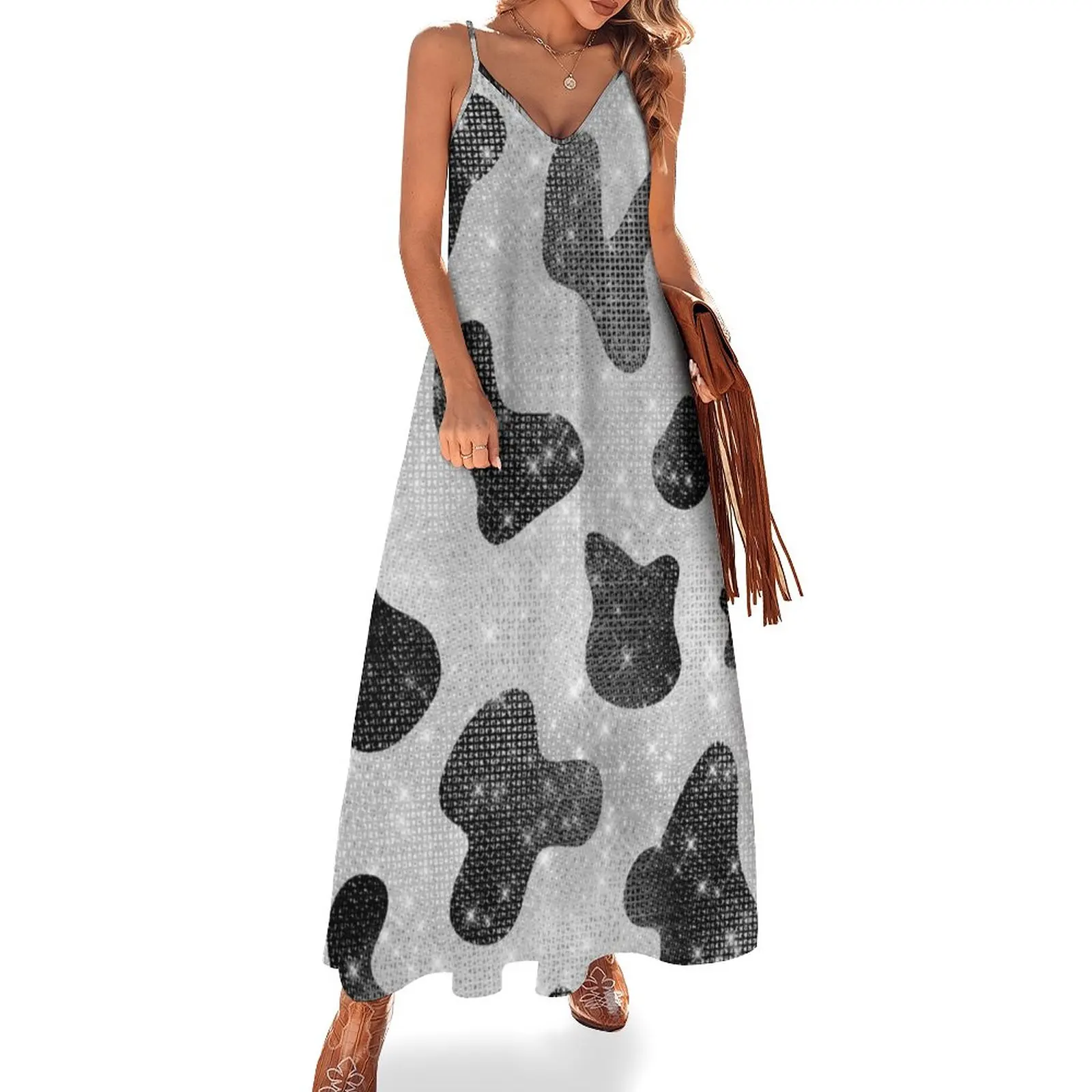 

Glamorous Black Sparkly Glitter Sequins Cow Print Sleeveless Dress evening dress women summer dress woman 2023 trendy