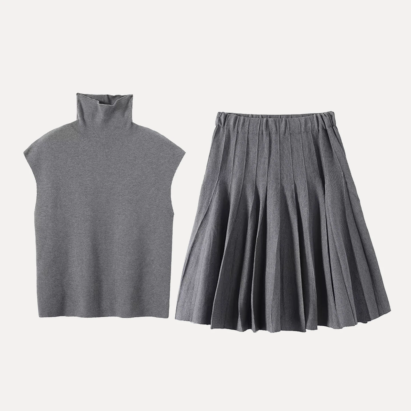 Jesień 2025 Nowy Zestaw Damski Modny Zestaw z Wysokim Stanem Spódnica z Krótkim Rękawem Dzianinowa Bez Rękawów 05656800829 Bez Rękawów Golf