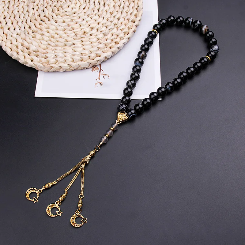 Fashionable 12mm Natural Black Onyx Muslim Rosary Star Moon Pendant Bracelet Prayer for Healing and Health Accessories Bracelet