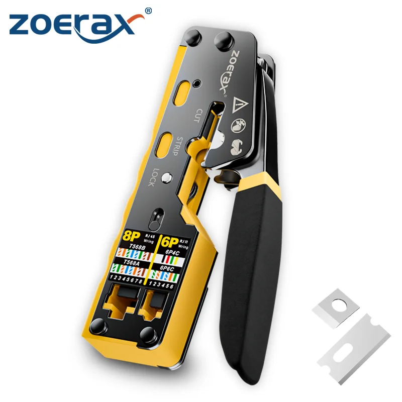 ZoeRax RJ45 Crimp Tool Pass Through Ethernet Crimping Tool for Cat6 Cat5 Cat5e RJ45 Connectors with Replacement Blade