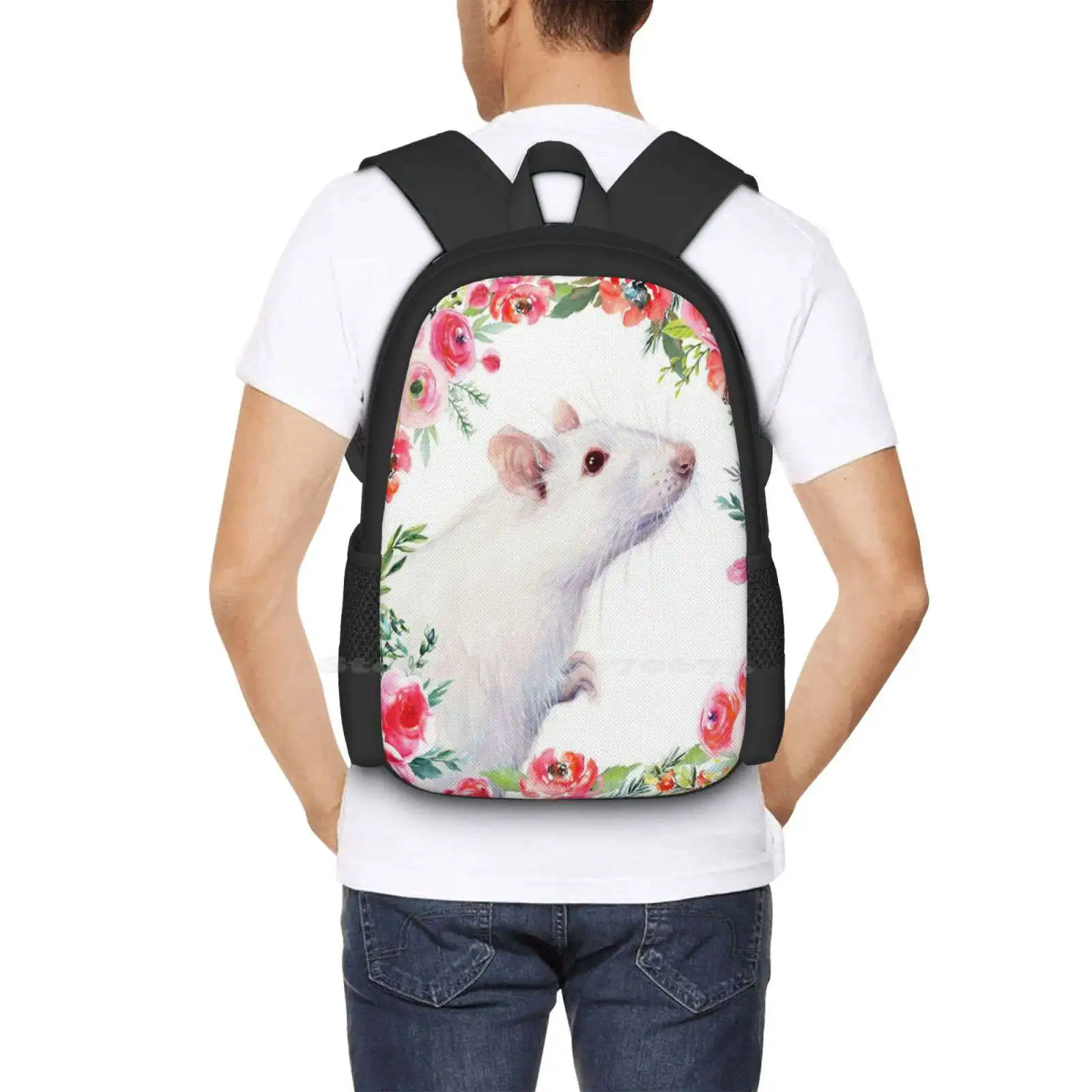 White Rat And Red Flowers Watercolor Floral Animal Fashion Pattern Design Travel Laptop School Backpack Bag White Rat Floral