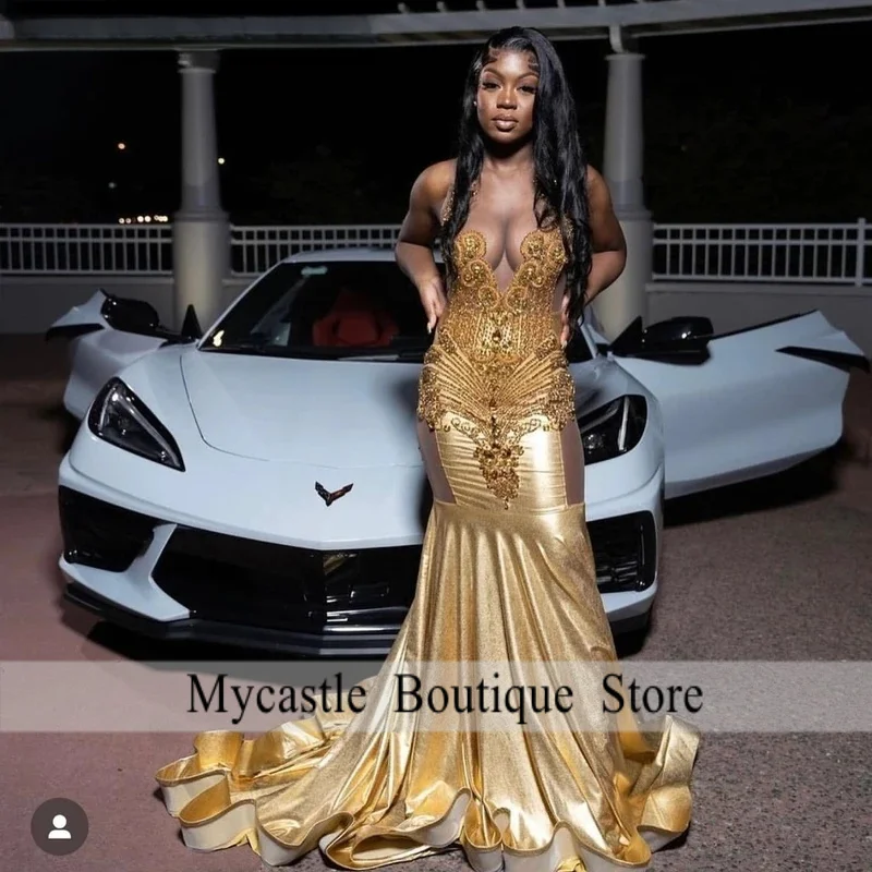 黒人女性向けカスタムゴールドロングダイヤモンドプロムドレス、ダイヤモンドクリスタルビーズ付きフォーマルパーティーガラガウン、ベスティドス・デ・フィエスタ