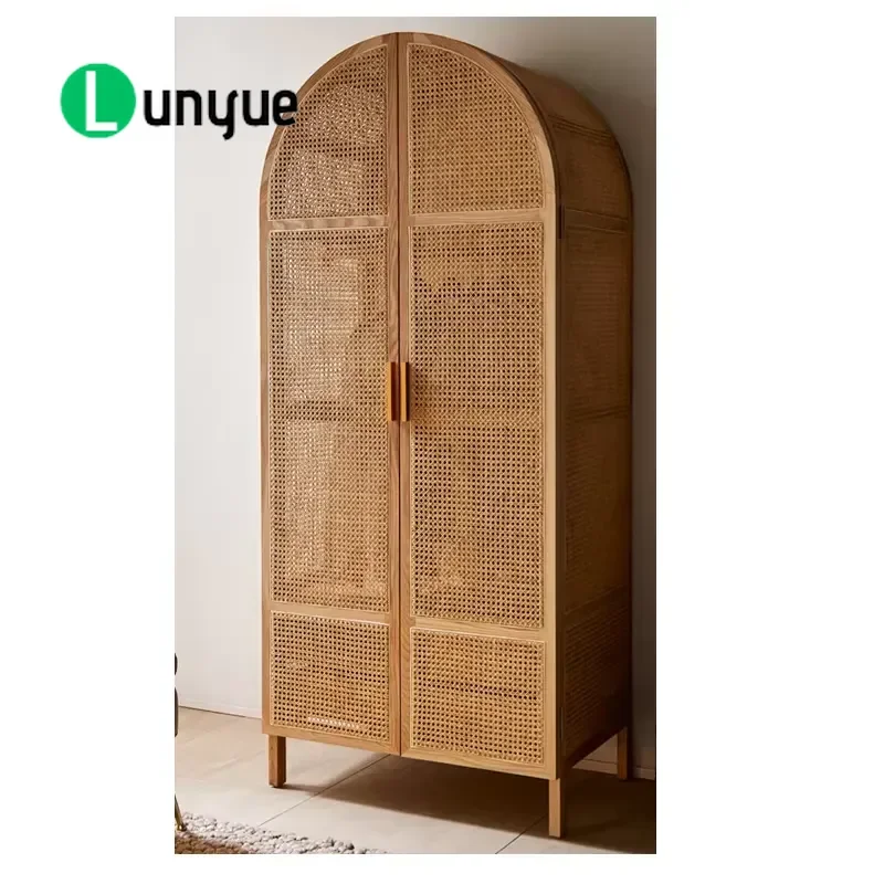 Mid Century Modern Natural Wood Vine Wabi Style Double Door Wardrobe Drying Cabinet for Bedroom Furniture Storage