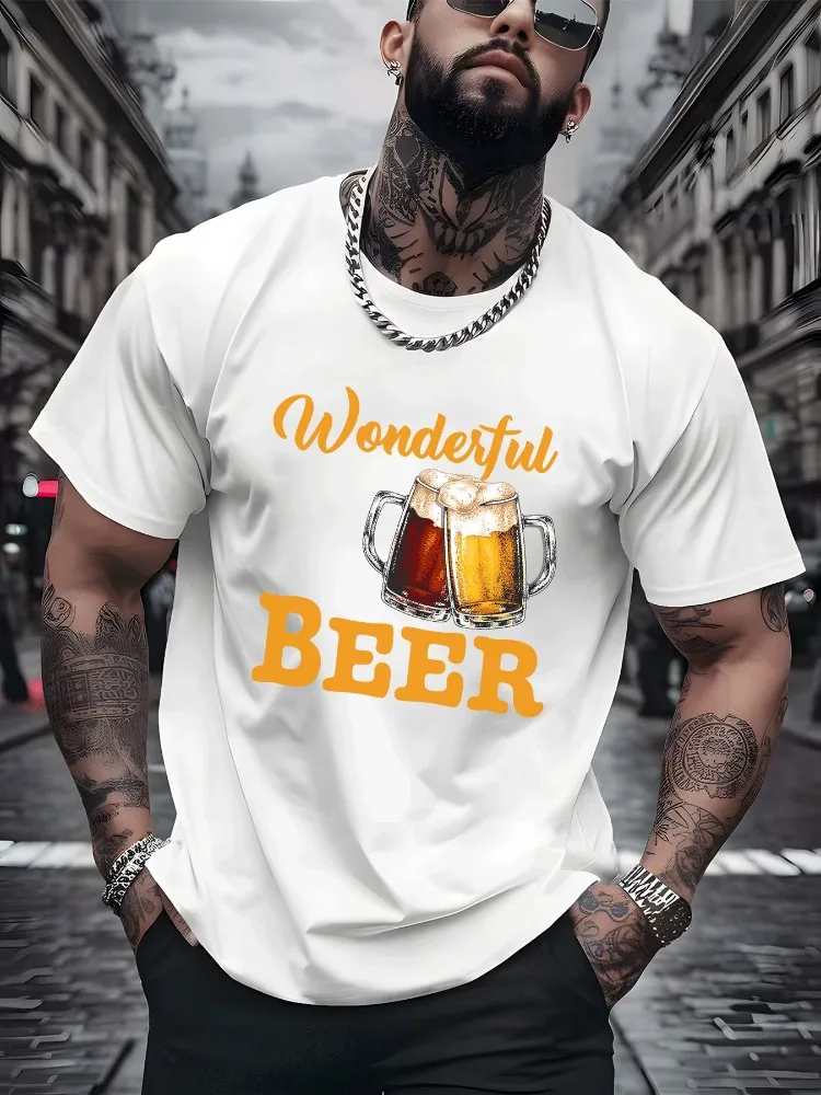 Mens Summer Crew Neck Short Sleeve T Shirt Wonderful Beer Mugs Print White Tee Casual Bar Party Loose Daily Street Fashion Top