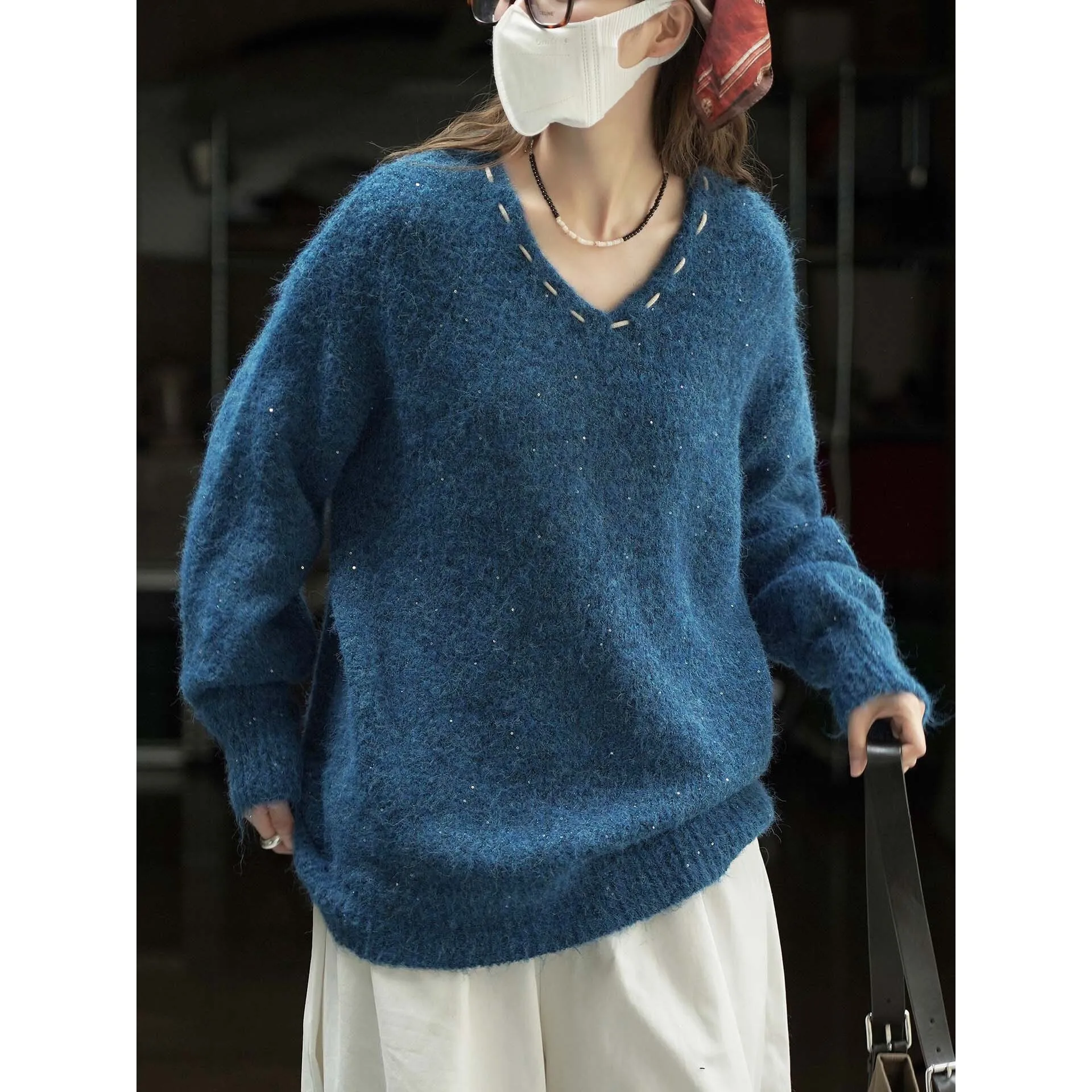 

Winter Round Neck Shiny Knitted Wool Sweater Loose Slimming Casual Top For Women