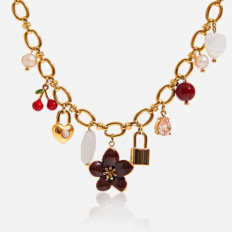 

Sweet Souls Gold-Tone Necklace wine red Beads Heart charms French Garden Style Jewelry for Cafe Dessert & Flower Shop