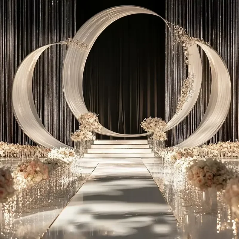 Custom Silver Moon Arch Wedding Stage Backdrop with Champagne Flower Aisle Decor and Tassel Lights for Hall Ceremony