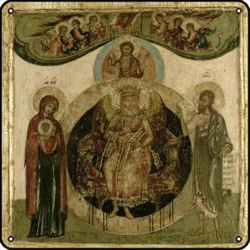 Icône russe de Sophia, la Sainte Sagesse, assise sur un trône sous forme d'un ange ailé et flamboyant, Moscou… Plaque carrée en métal vintage