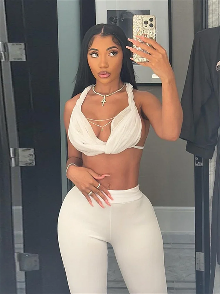 

InGrily Women 2Piece Set Mesh Sexy See Through Summer Trend Thin Whip Halter Tank Tops+Wide Waist Shorts Matching Street Outfits