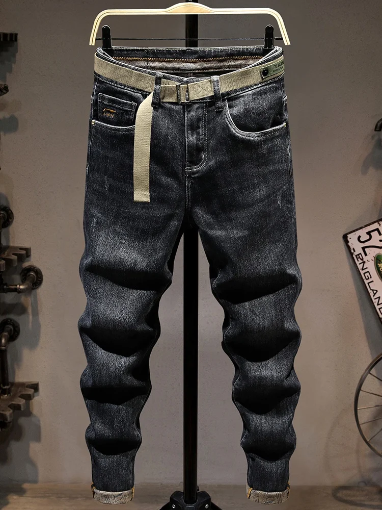 

Men's Fashionable Loose Fit Straight Leg Denim Jeans Elastic Waist Black Thick Cotton Polyester Blend Youth Wear Urban Style