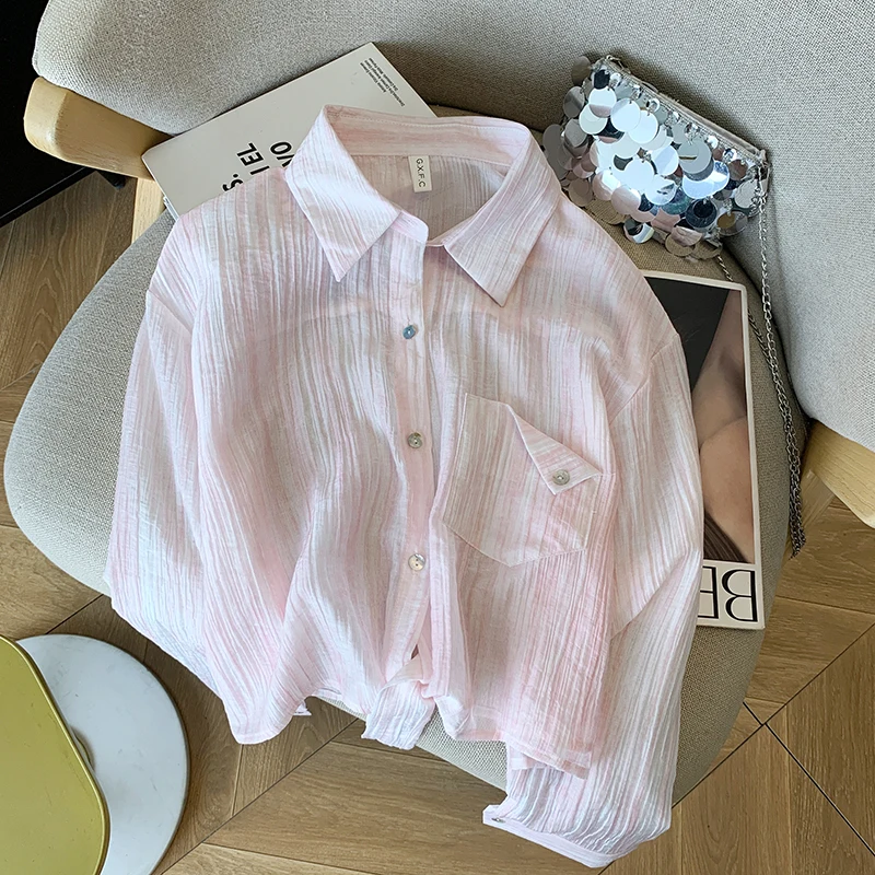 Blusa fina de manga larga con cuello vuelto rosa para mujer, Tops con cordones y una botonadura, camisa de protección solar coreana Chic 2025