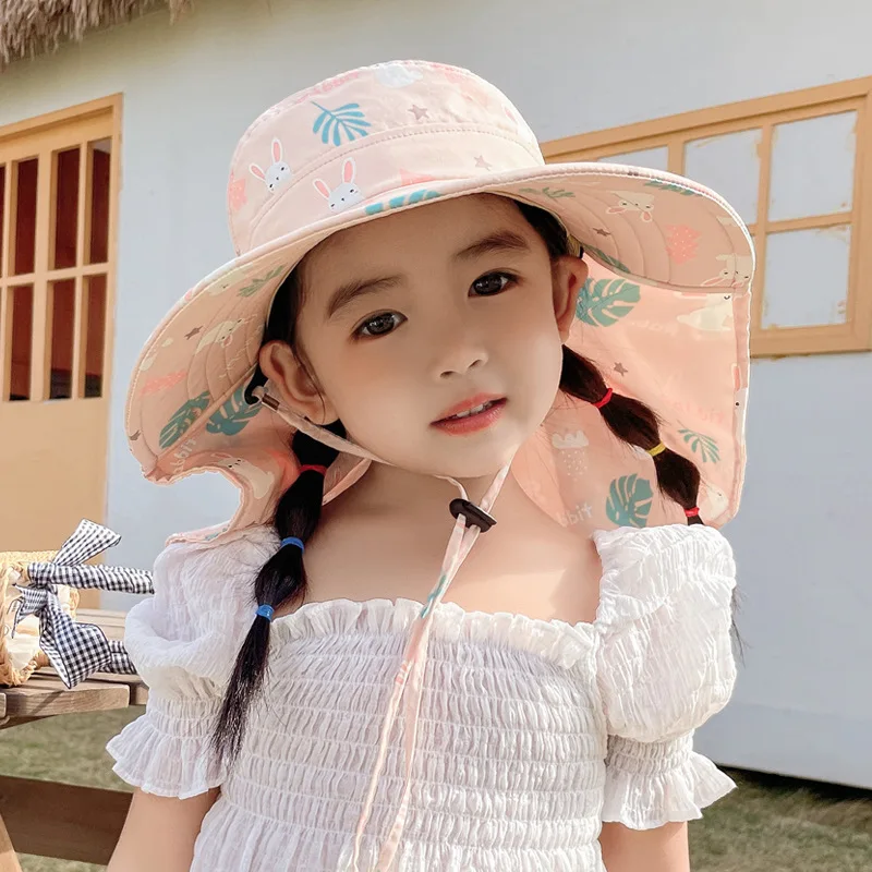 Anti UV Kids Summer Baby Sun Hat Bucket Cap With Whistle For Girls Boys Outdoor Neck Ear Cover Beach Cap