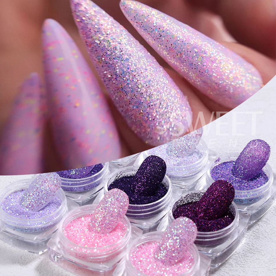 12 قطعة سلسلة الأرجواني الوردي مسمار بريق المجسم مختلط تألق السكر مسحوق الأظافر القلب مسدس رقائق لامعة مانيكير ديكور #2