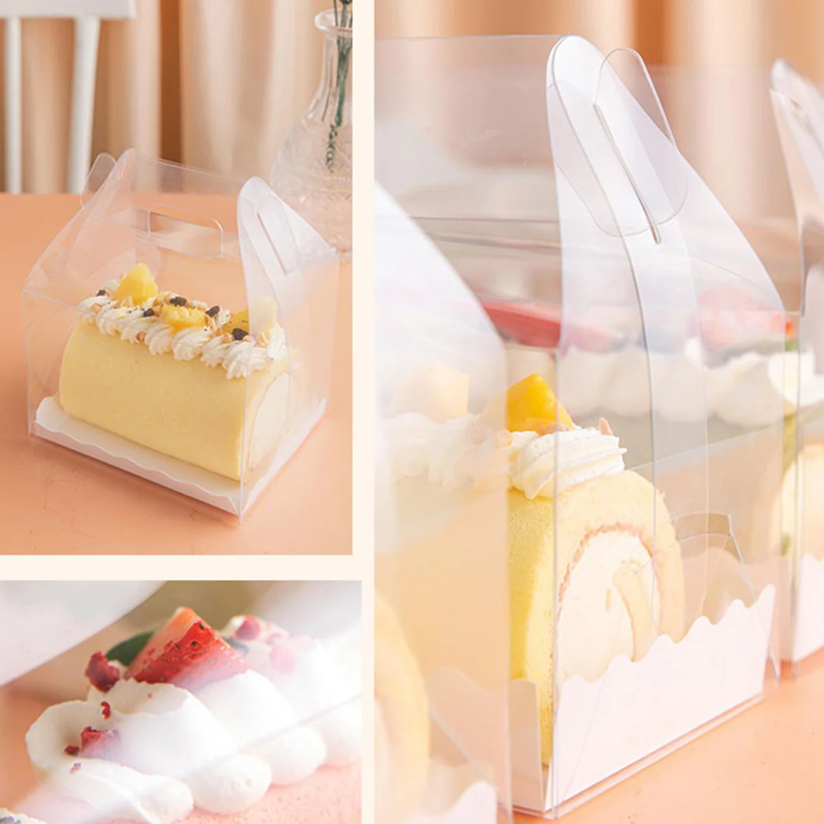 5 Pcs Birthday Cake Bottom Bracket Plastic Clear Cupcake Boxes Handheld Transparent with Handle Mousse White