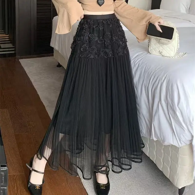 Solid Color Heavy Industry Lace Design White Midi Skirt Women 2025 Spring Summer New Literary Niche Mesh Skirt