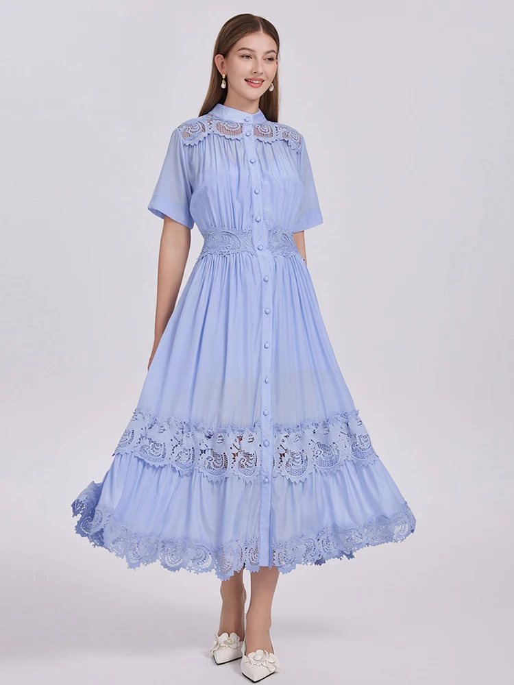 Fashion Hollow Out Lace Shirt Jurk Vrouwen 2025 Zomer Luxe Korte Mouw Vouw Midi Jurken Lady Vestidos Strand Inkeo 5D202