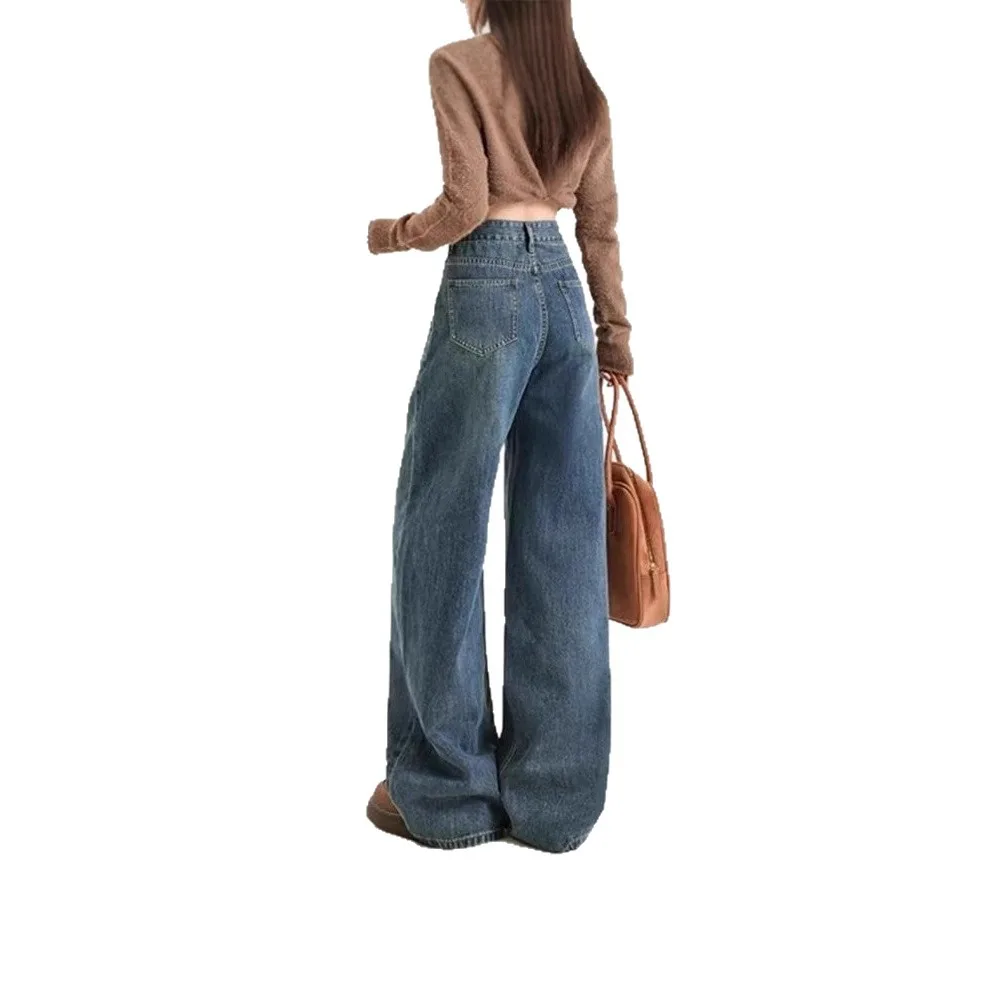 بنطال جينز نسائي واسع الساق، للربيع والخريف بخصر عالٍ وساق مستقيمة وفضفاض بطول الأرض #5