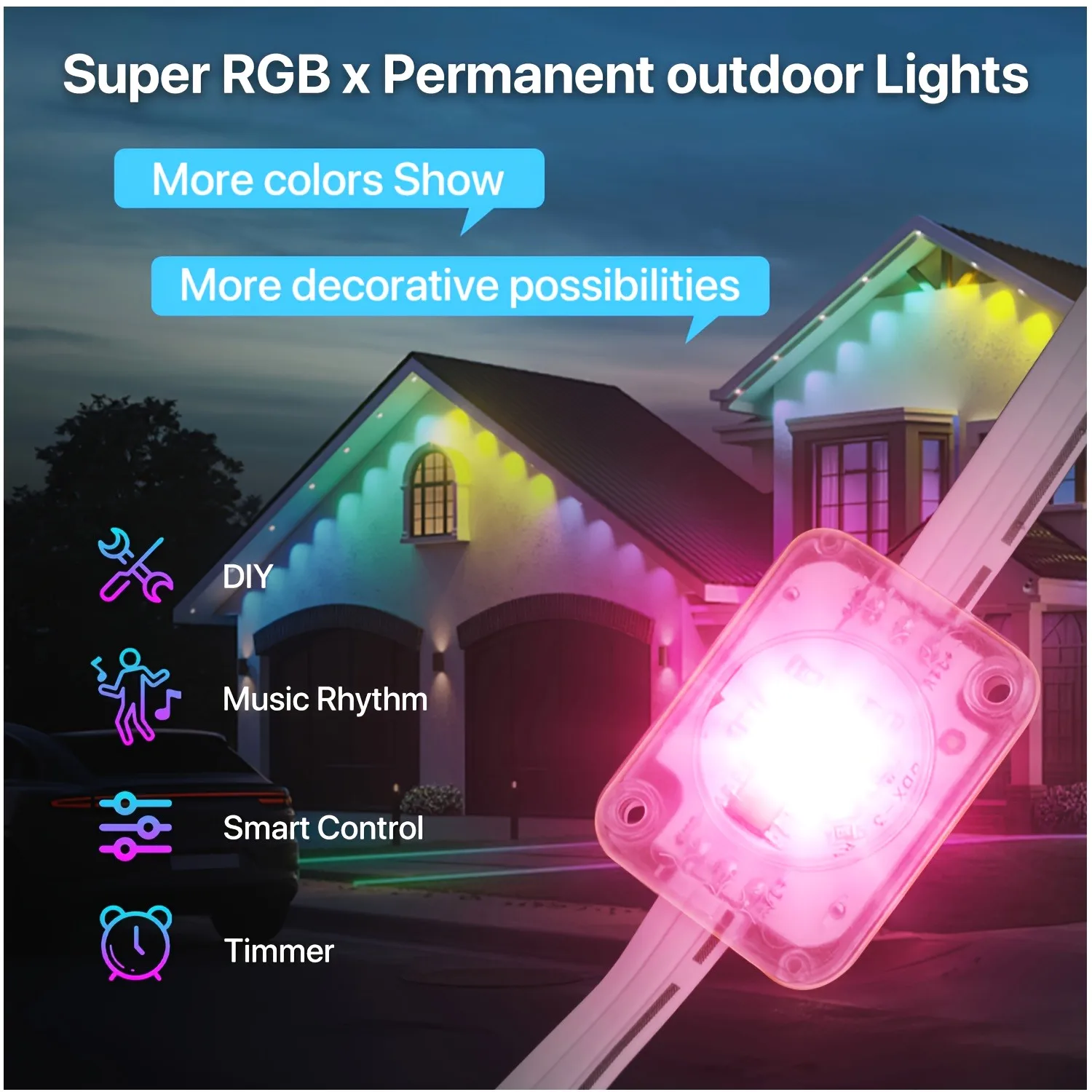 RGB+IC Smart Outdoor Eaves Lights – App & Remote Controlled, DIY Color Scenes, IP67 Waterproof String Lights for House Decoration, Holiday Lighting for Halloween, Christmas, and Year-Round Use