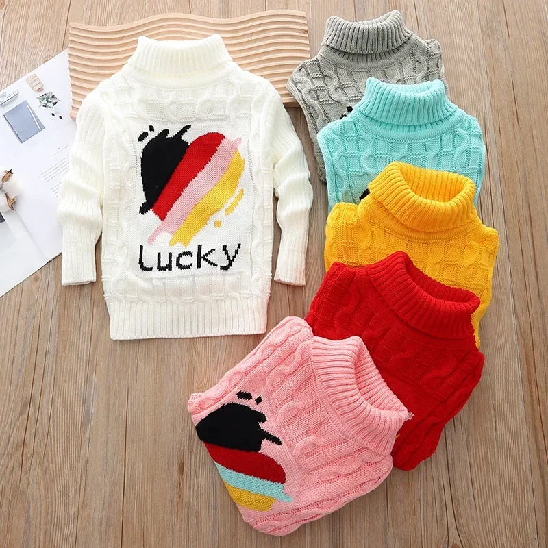 

New 2024 Autumn Winter Boys Girls Turtleneck Knitted Sweaters Kids Heart Letter Jacquard Pullover Sweater Children Clothing