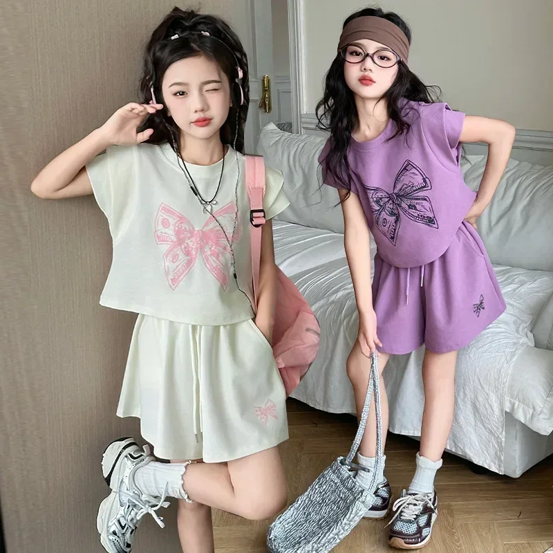 

New Girls' Bow Fly Short Sleeve + Shorts Suit Teenage Kids Sports Streetwear Children Clothes 12+ Fashion Girls Sets 2025 Summer