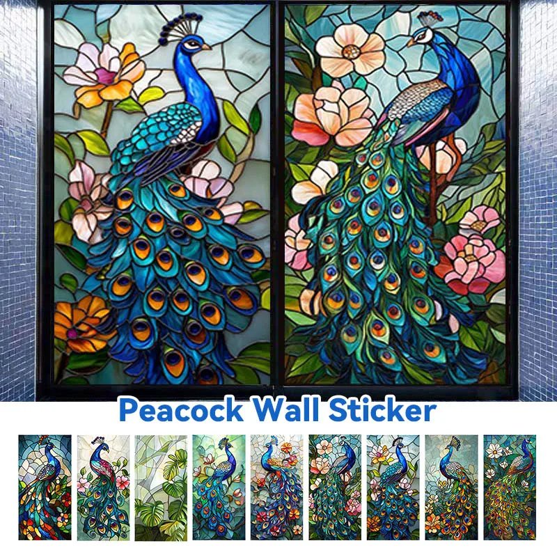 

Church Stained Glass Film Peacock Pattern Art Privacy Window Film Static Cling Waterproof Sunscreen Window Stickers Home Decor