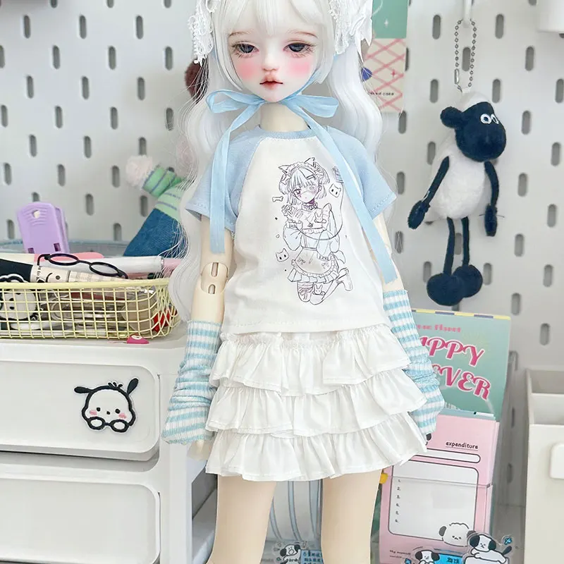 

1/4 одежда для кукол Bjd, милый топ ручной работы с короткими рукавами и принтом, однотонная милая многоуровневая юбка, комплект для куклы Bjd, аксессуары, игрушка