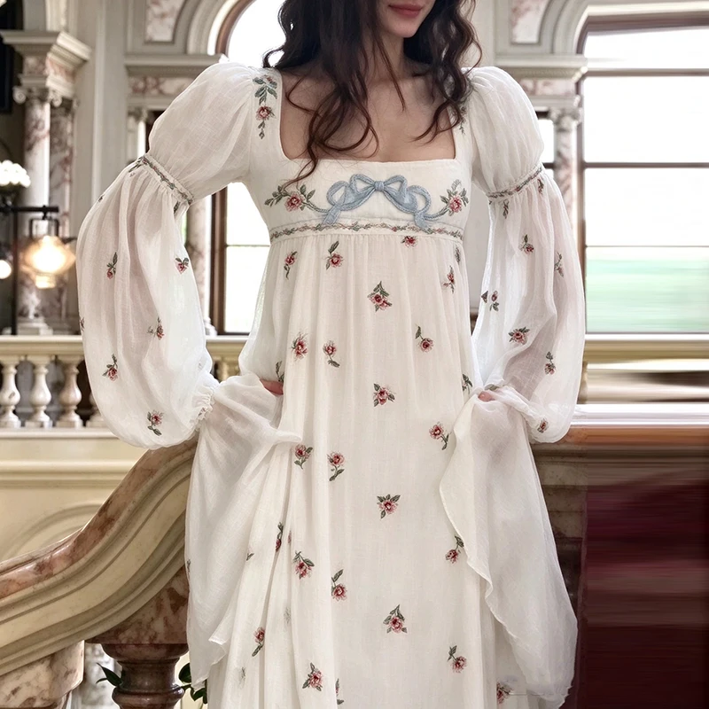 Elegant Simple Hollow Out Evening Dress Square Collar Long Sleeve Print Chiffon Dress Lady Stylish High Waist Pleat Party Dress