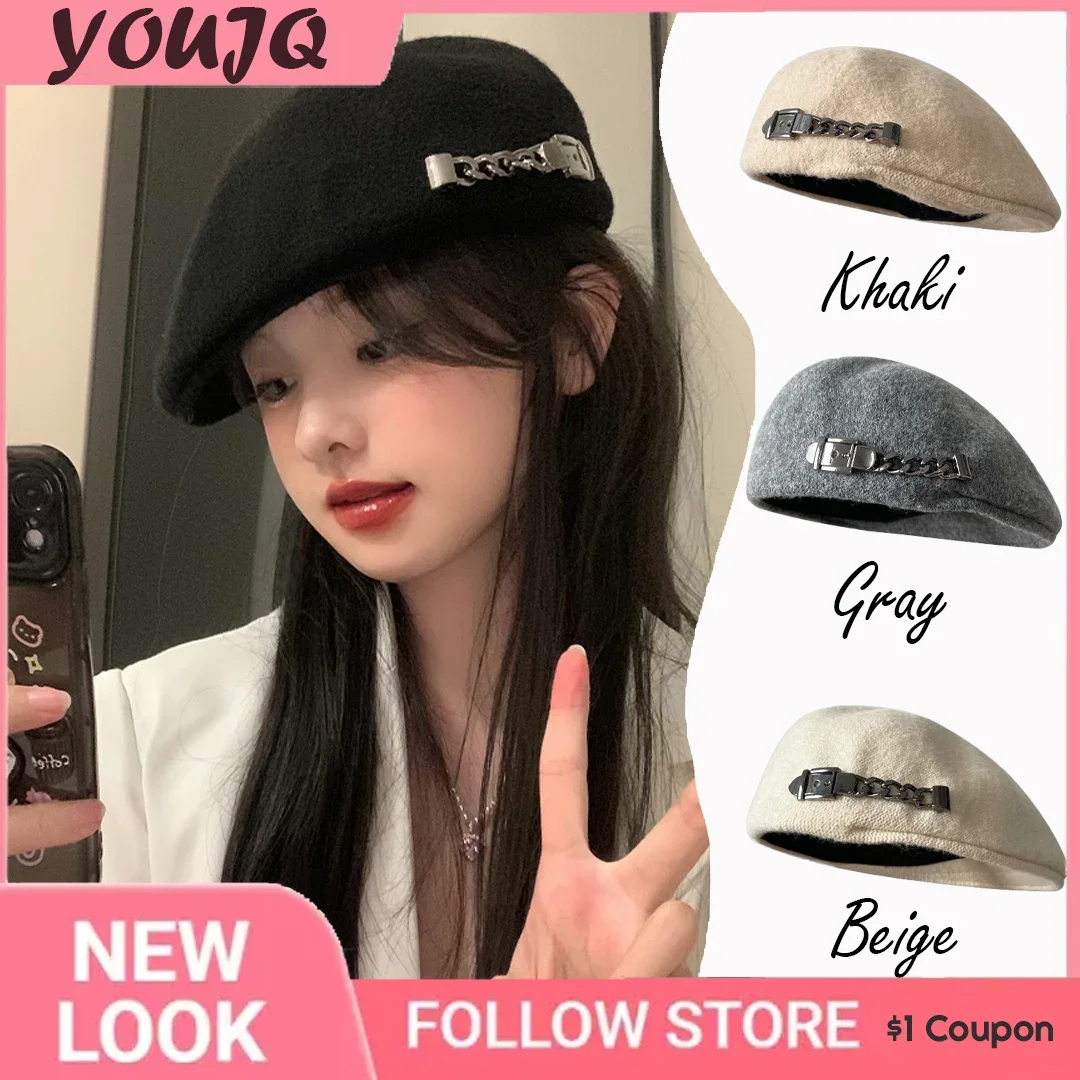 Korean Spring Autumn Female Berets Knitting Forward Newsboy Caps Wear Metal Label Decoration Girl Painter Hats Boinas Para Mujer