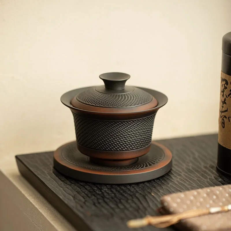 Purple Pottery Handmade Jumping Knife Hover Cover Bowl Kung Fu TeaSet with Bottom Support Ceramic Tea Wash Master Cup Ornaments