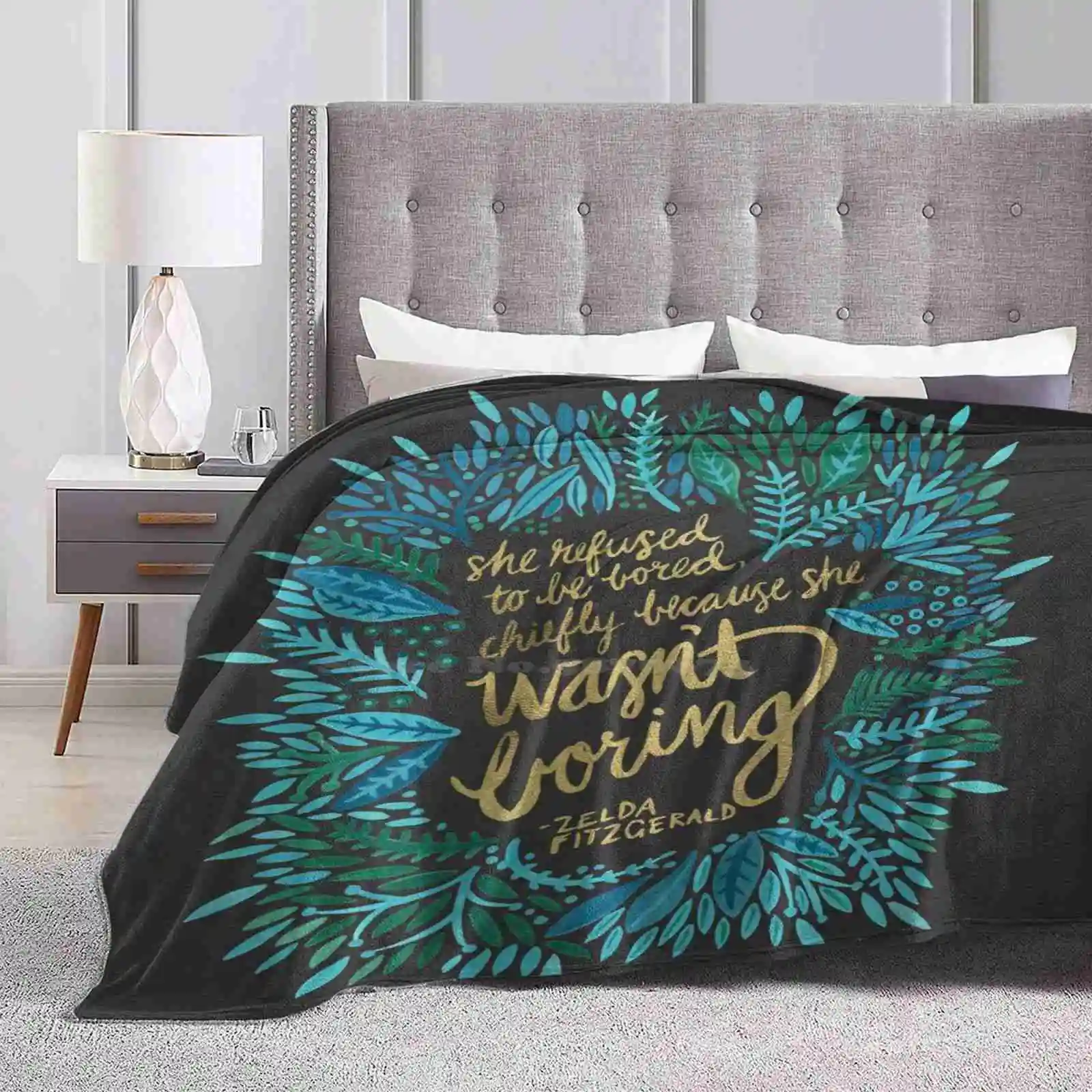 – Blue & Gold On Charcoal Shaggy Throw Soft Warm Blanket Sofa/Bed/Travel Love Gifts Quotes Literature Inspiration Boring