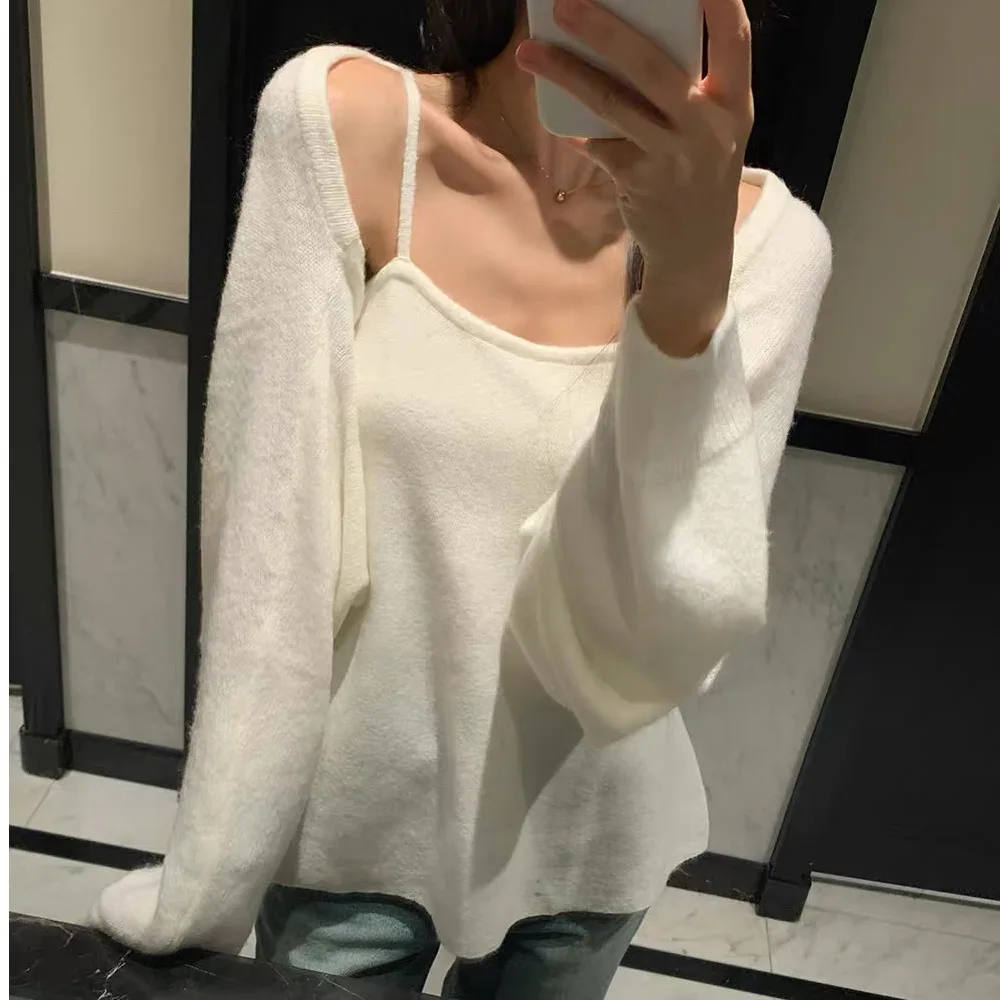 2026 New Fashion Korean Style Long Sleeve Vest Set Waist Cinched Oversized Knitted Sweater Lazy Shoulder Wrap Women's Wear
