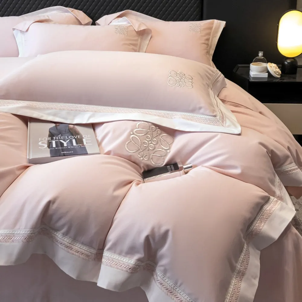 Long-staple Cotton Abraded Four-piece Set Autumn and Winter Embroidered Quilt Cover Flat/Fitted Bed Sheet Pillowcase Bedding Set