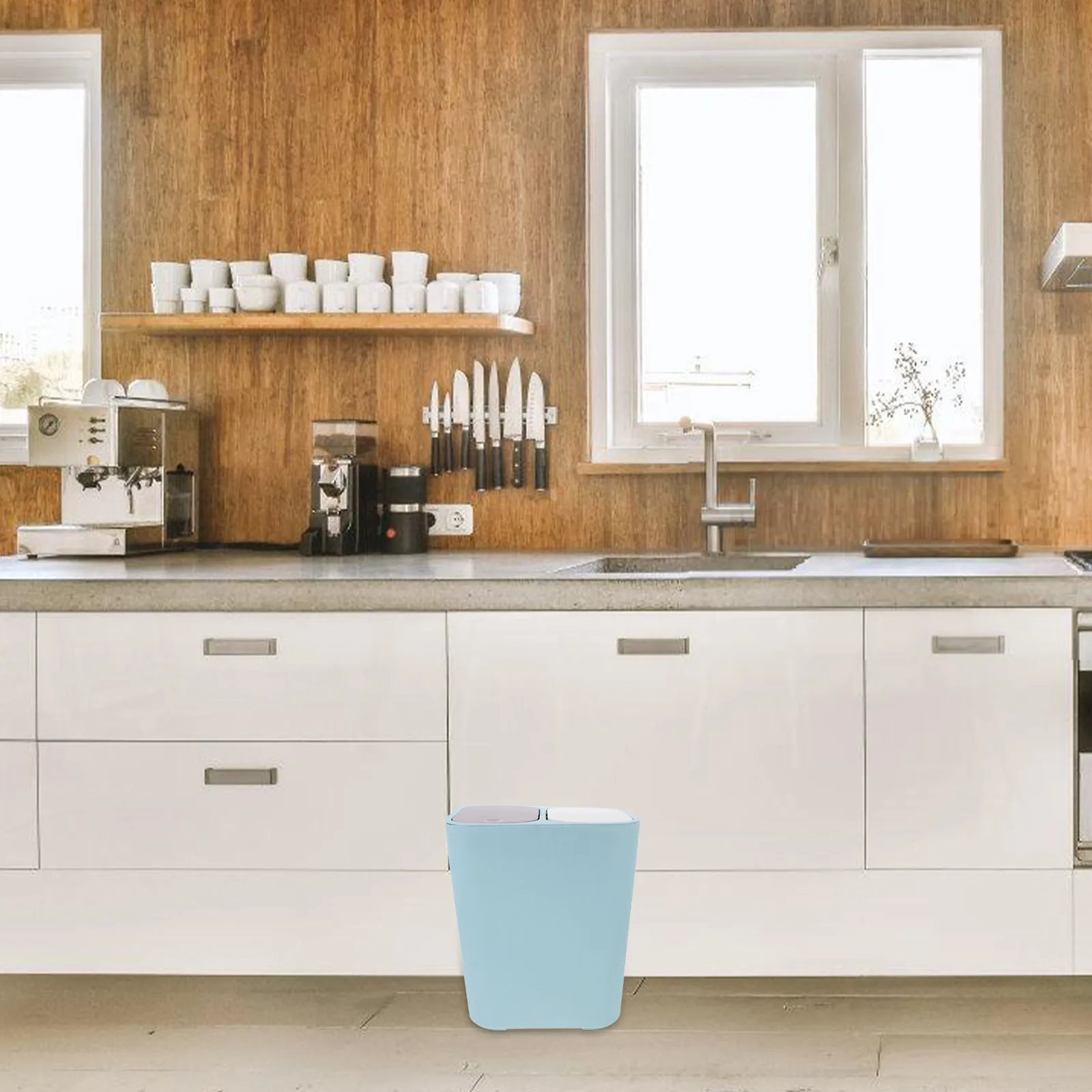 

2-Compartments Lidded Trash Can Dry and Wet Separation Garbage Bin for Kitchen Bathroom Living Room Plastic PP Waste Container