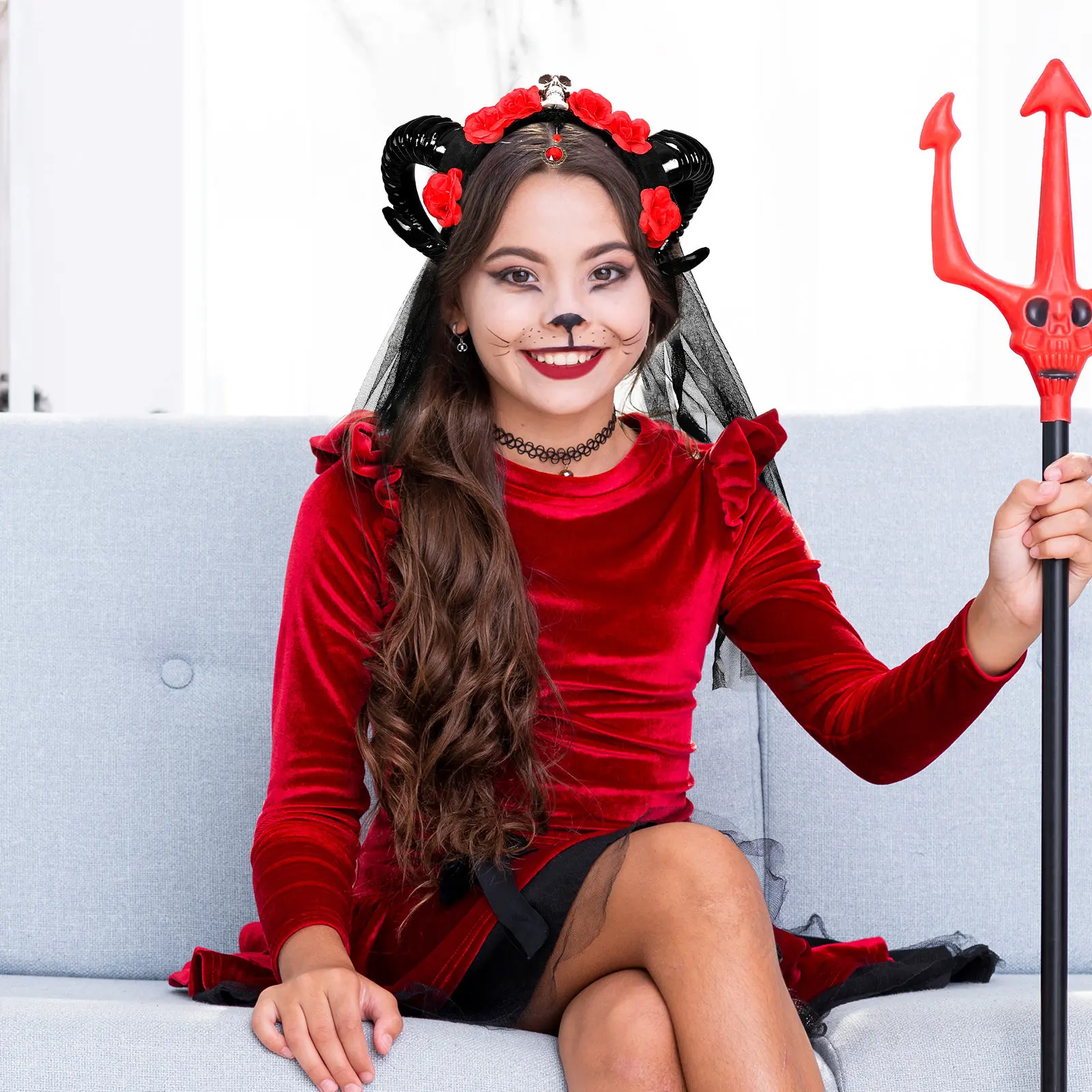 

Пластиковая повязка на голову с розами и овечьими рожками, 1 шт., для Хэллоуина, косплея, вечеринок, маскарадов, фестивалей, Дня мертвых, в стиле дьявола