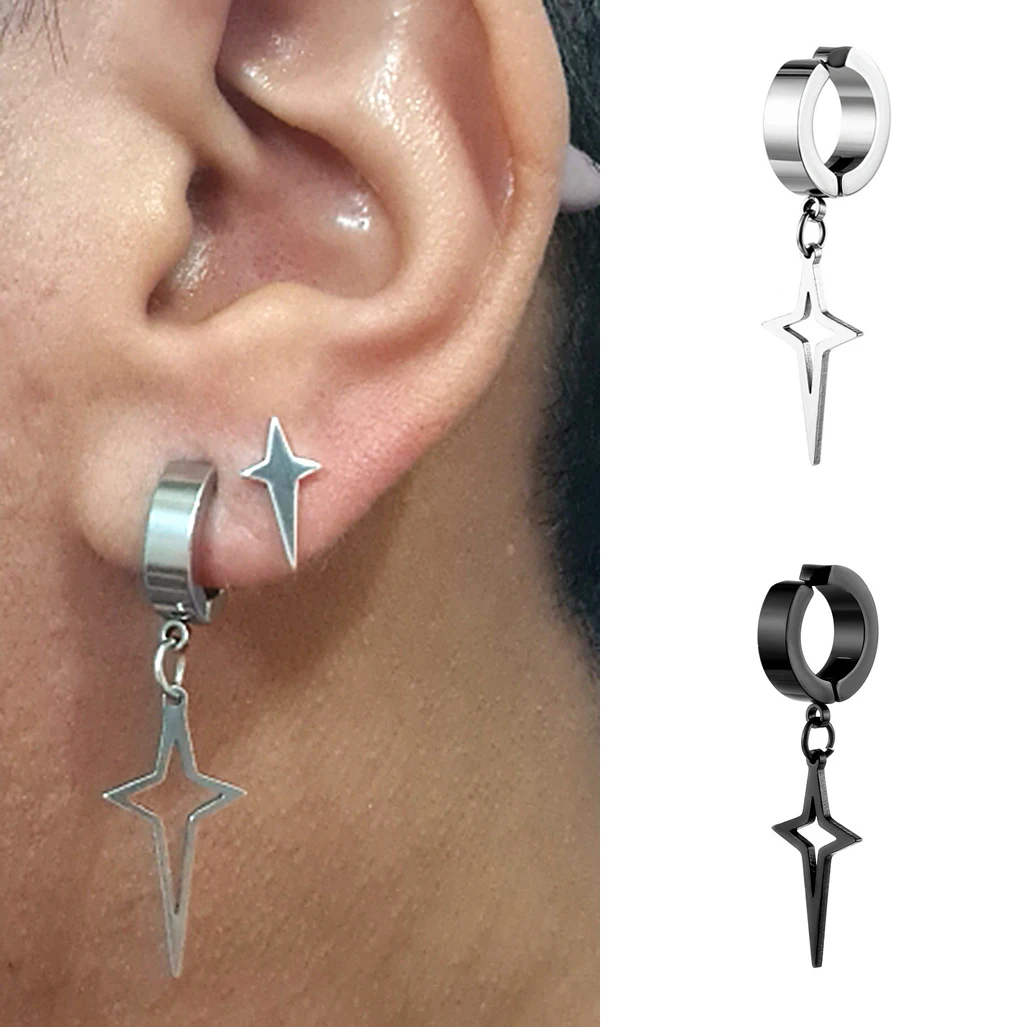 1Piece Stainless Steel Punk Man Clip on Earrings Geometry Pendant Dangle Fake Piercing Hoop Huggies Earrings Women Black Gothic