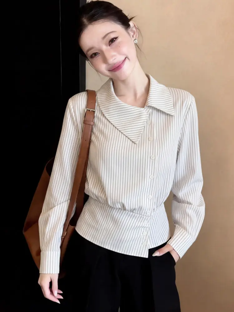 

Elegant Collar Long Sleeve Striped Shirt Women Early Spring Outerwear Shirt Coat High Sense Thin French Style Polyester ...