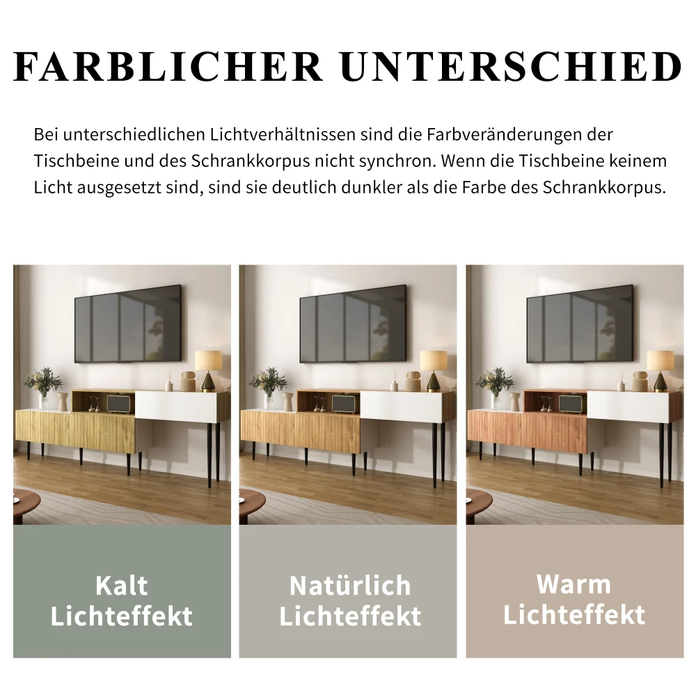 Moderner TV-Schrank mit verstellbarer Länge, Holzoptik + weiß matt, schwarze Metallbeine, multifunktionale Wohnzimmermöbel – Detail 5