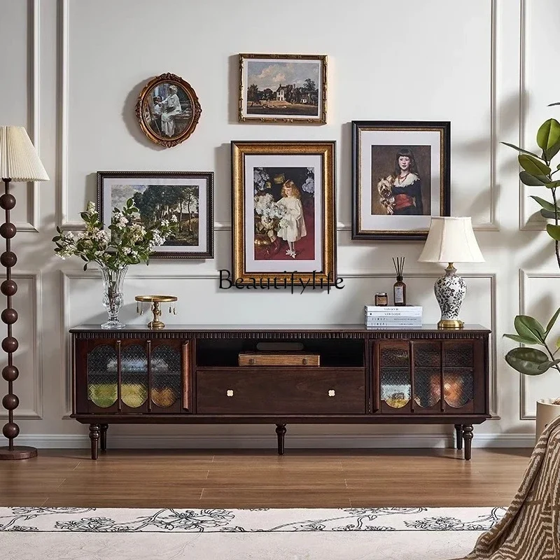 

ls 42 French retro solid wood TV cabinet American black walnut living room side cabinet antique style