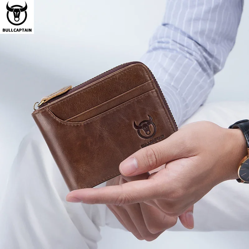 BULLCAPTAIN Men\'s Genuine Leather Wallet Business Casual Retro RFID Zipper Coin Purse Multi-Card Slot Cash Clip