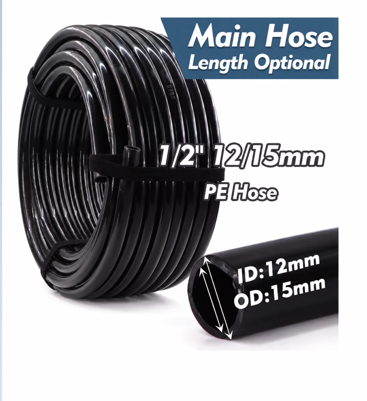 15mm PE Garden Irrigation Main Hose 1/2 Inch OD Black Pressure Proof Watering Pipe for Automatic System Quick Connectors