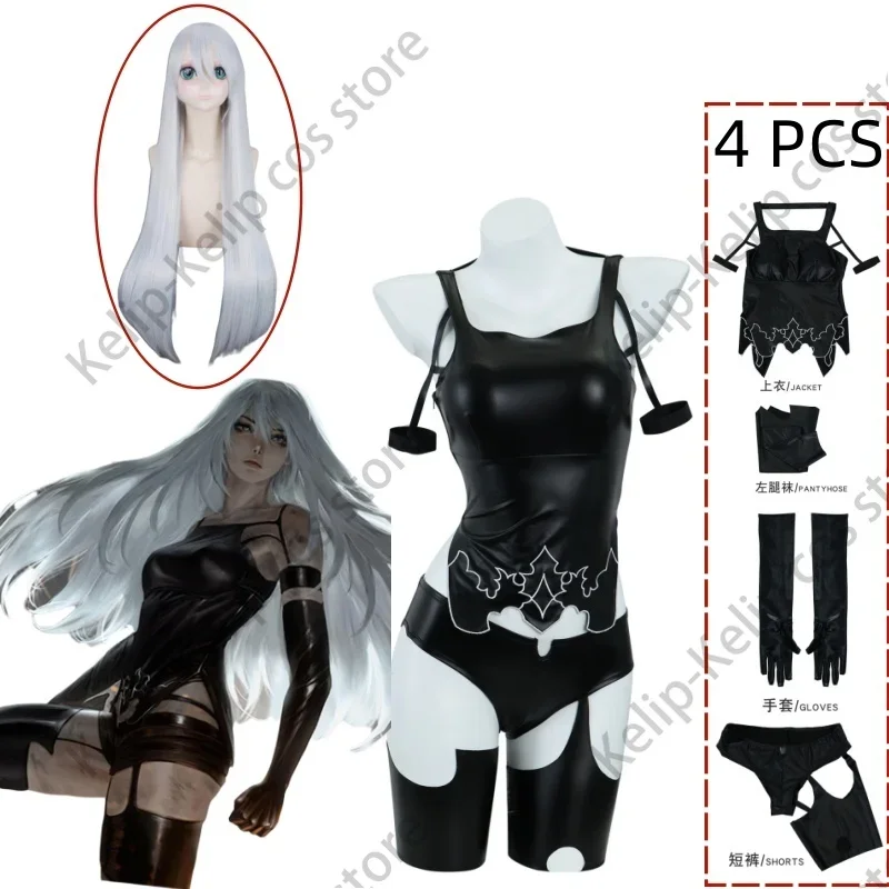 Anime Game NieR:Automata YoRHa Type A No.2 Cosplay Costume A2 Wig Black PU Tops Shorts Woman Sexy Carnival Halloween Party Suit