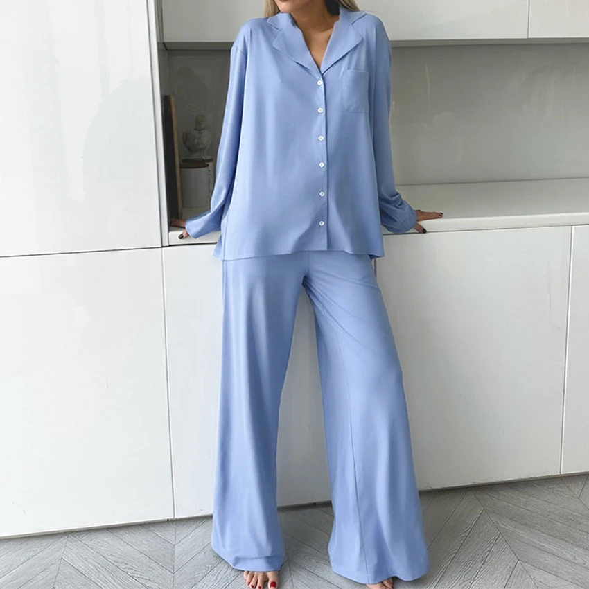 Blue Solid Loose Long Sleeve Trouser Chiffon sets Women\' Pijama Silk Satin Sleepwear Lingerie 2Pcs Pjs Nightwear Home Clothes